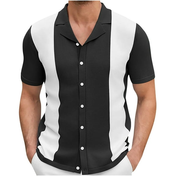 WREESH Men's Fashion Knit Button Down Shirts Color Block Short Sleeve Design with Turndown Collar for Unique Style Black