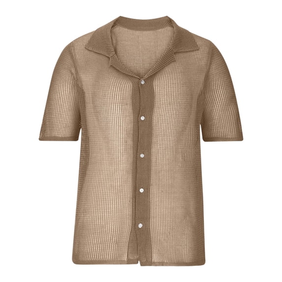 WREESH Men's Fashion Knit Solid Color Button Down Shirts Casual Short Sleeve Top with Turndown Collar for Everyday Wear Khaki
