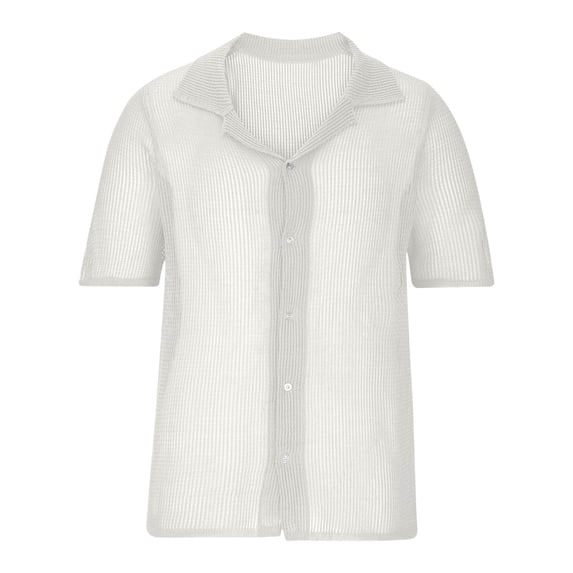 WREESH Men's Fashion Knit Solid Color Button Down Shirts Casual Short Sleeve Top with Turndown Collar for Everyday Wear White