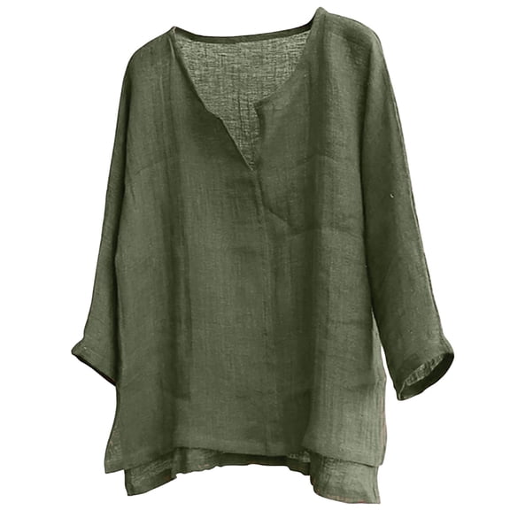 WREESH Men's Fashion Lightweight Linen Shirts Solid Long Sleeve V-Neck Comfortable Loose Casual T-Shirt Tops Green