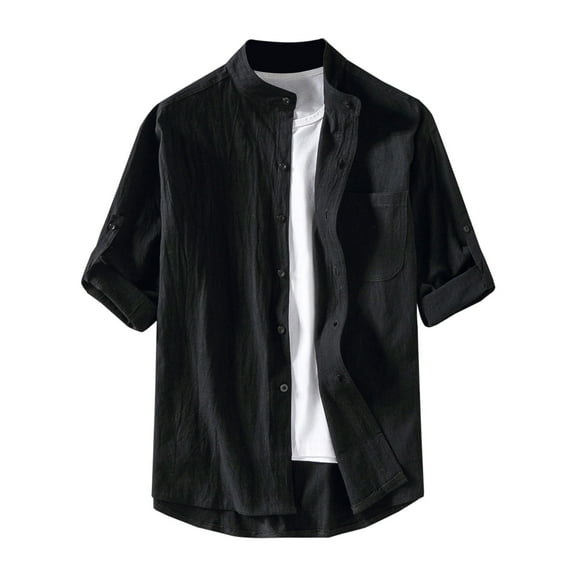 WREESH Men's Fashion Linen Button Down Shirts Casual Short Sleeve Turndown Collar Solid Color Shirts for Men Black