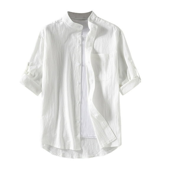 WREESH Men's Fashion Linen Button Down Shirts Casual Short Sleeve Turndown Collar Solid Color Shirts for Men White