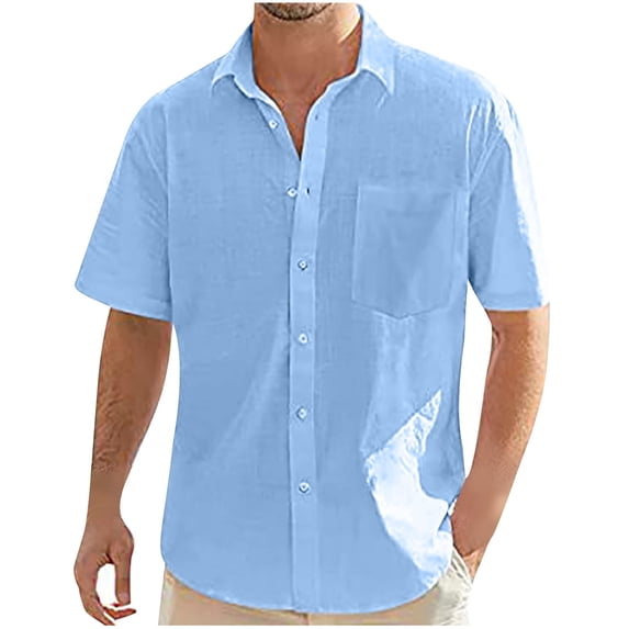 WREESH Men's Fashion Linen Button Down Shirts Casual Solid Color Short Sleeve Turndown Collar Shirts Comfortable Top Sky Blue