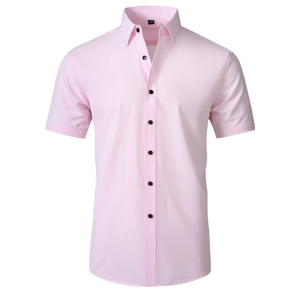 WREESH Men's Fashion Short Sleeve Dress Shirts Wrinkle Free Solid Color Button Down Shirts Business Casual Shirts Tops Pink