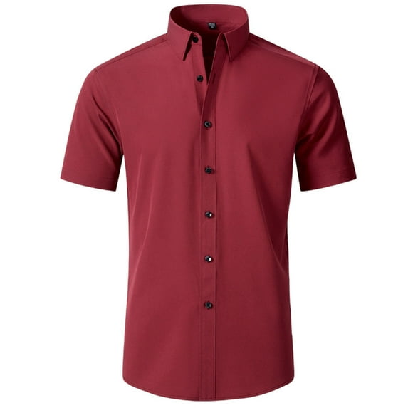 WREESH Men's Fashion Short Sleeve Dress Shirts Wrinkle Free Solid Color Button Down Shirts Business Casual Shirts Tops Red