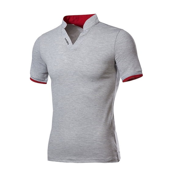 WREESH Men's Fashion Stand Collar T-Shirt Solid Color Short Sleeve Turn-Down Neckline Pullover Tops Gray