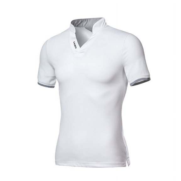 WREESH Men's Fashion Stand Collar T-Shirt Solid Color Short Sleeve Turn-Down Neckline Pullover Tops White