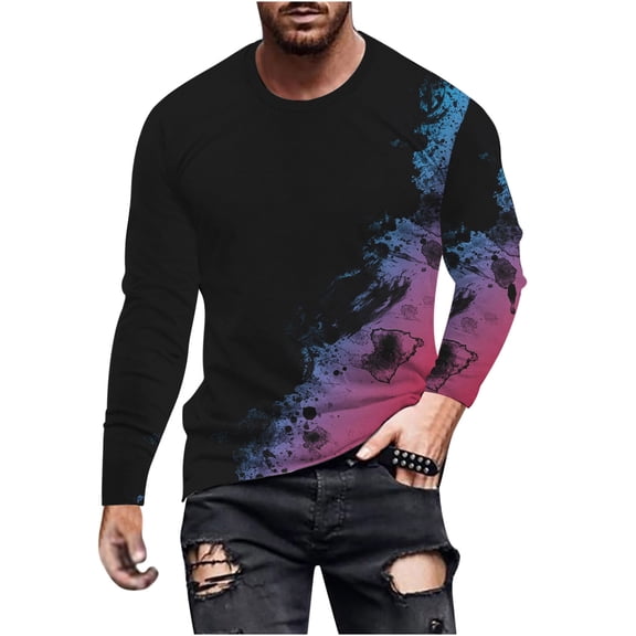WREESH Men's Fashion T-Shirts Casual Gradient Printing Round Neck Pullover T-Shirt Long Sleeve Tops Workout Tops Purple