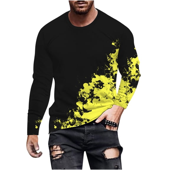 WREESH Men's Fashion T-Shirts Casual Gradient Printing Round Neck Pullover T-Shirt Long Sleeve Tops Workout Tops Yellow