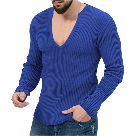 WREESH Men's Fashion T-Shirts Casual Long Sleeve T-Shirt Pullover Knitwear V-Neck Solid Color Base Shirt Blue