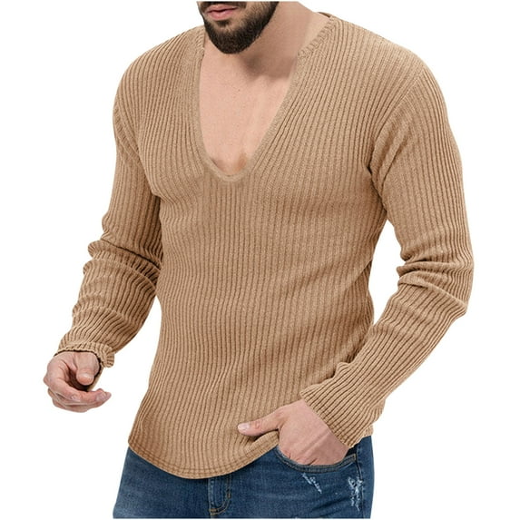 WREESH Men's Fashion T-Shirts Casual Long Sleeve T-Shirt Pullover Knitwear V-Neck Solid Color Base Shirt Khaki