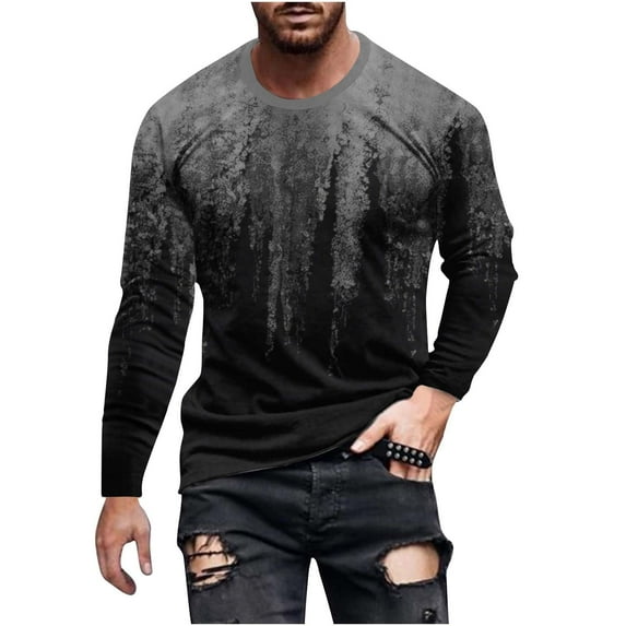 WREESH Men's Fashion T-Shirts Casual Round Neck Long Sleeve Pullover Printed T-Shirt Blouse Tops Workout Tops Dark Gray