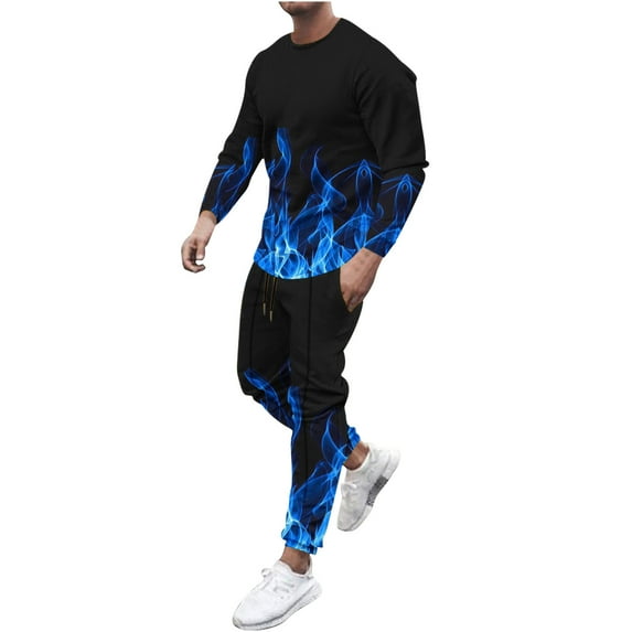 WREESH Men's Fashion T-Shirts Two Piece Set New Casual Long Sleeve T-Shirt Set Print Sports Long Sleeve Round-Neck Blouses & Shirts Sets Workout Set Blue