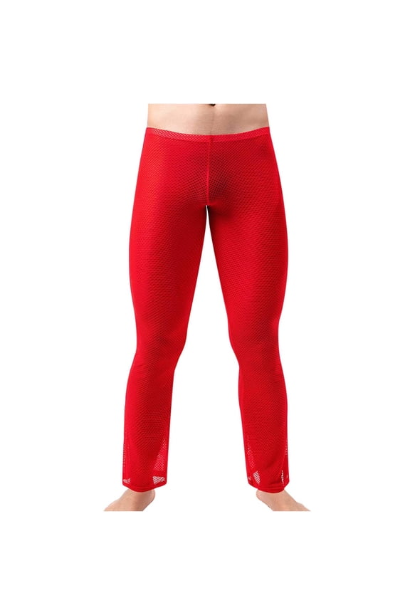 Men's Fishnet Pants Bottoms Low Mesh Leggings Muscle Fit Long Pants Thermal Bottoms Wide Leg Pants Breathable Casual Trousers Red