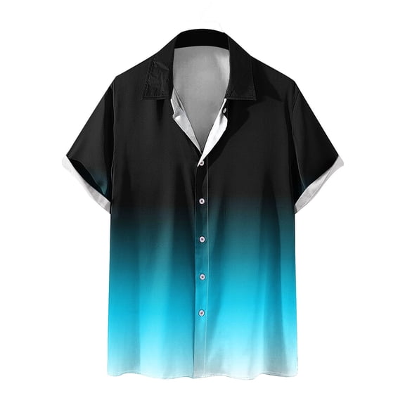 WREESH Men's Gradient Beach Shirt Casual Short Sleeve Button Down Men's Lapel Shirt with Tropical Print for Summer Wear Sky Blue