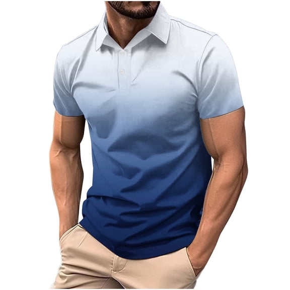 WREESH Men's Gradient Buttoned T-Shirt Casual Short Sleeve Henley with Turn Down Collar a Trendy Gradient Top with Buttoned Front Blue