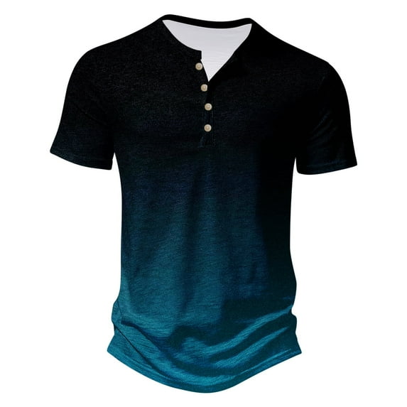 WREESH Men's Gradient Henley Shirts Casual Short Sleeve Shirt with Gradient Print a Unique Top for a Stand-Out Look Navy
