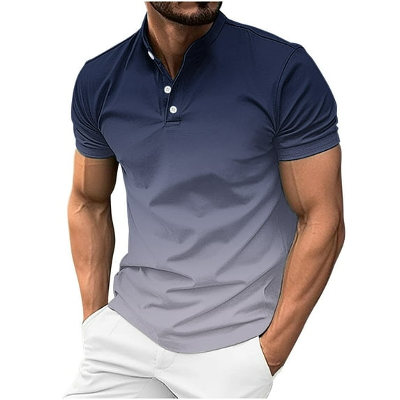 WREESH Men's Gradient Sport Top Buttoned Short Sleeve Shirt with Gradient Design for The Sporty and Stylish Navy