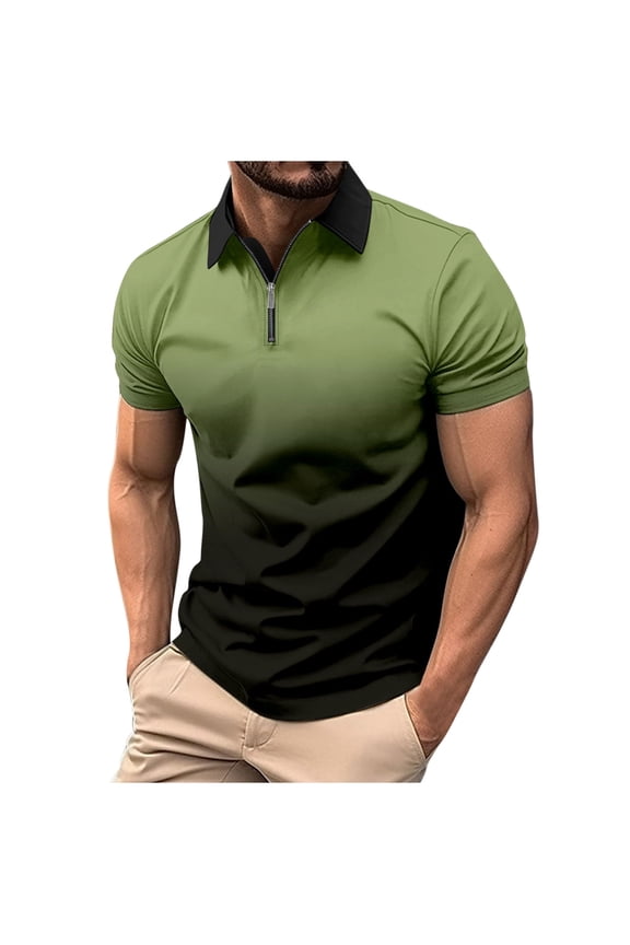 Men's Gradient Sports Henley Shirts Fallow Zipper Turn-Down Collar Top with Short Sleeve Design Gradient Color Athletic Top Olive Green