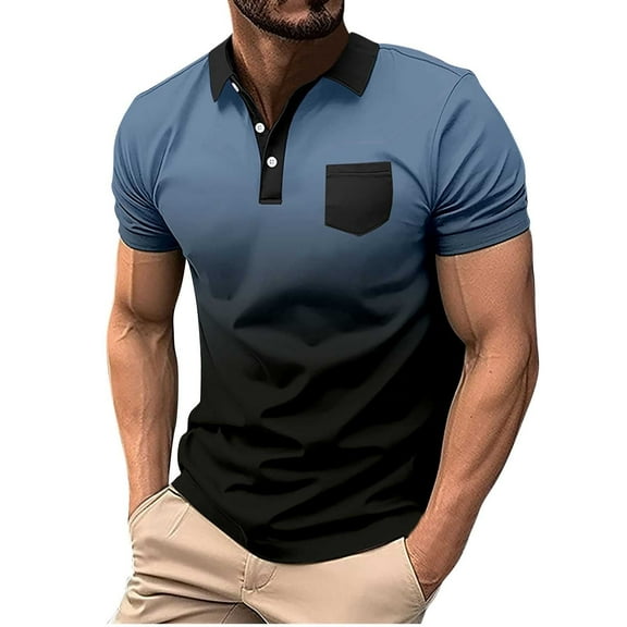 WREESH Men's Gradient Sports Henley Shirts Pullover Zipper Short Sleeve Top with Pocket a Stylish Gradient Design for Active Men Blue