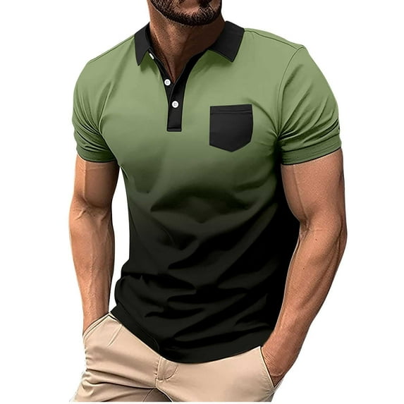WREESH Men's Gradient Sports Henley Shirts Pullover Zipper Short Sleeve Top with Pocket a Stylish Gradient Design for Active Men Green