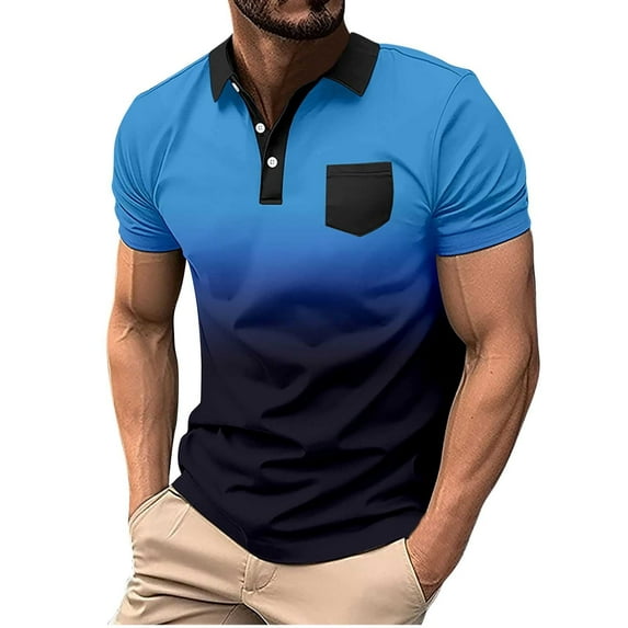WREESH Men's Gradient Sports Henley Shirts Pullover Zipper Short Sleeve Top with Pocket a Stylish Gradient Design for Active Men Light Blue