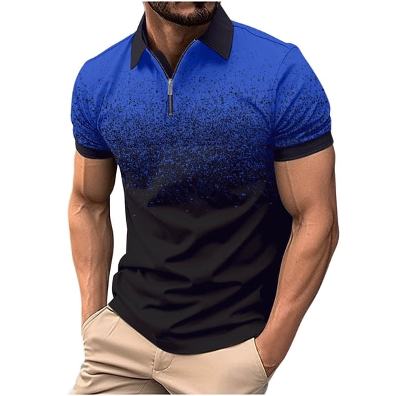 WREESH Men's Gradient Zip-Up Top Short Sleeve Sports Top with Print Stylish Gradient Design for Active Blue