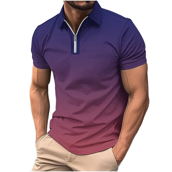 WREESH Men's Gradient Zippered T-Shirt Casual Printed Short Sleeve Henley with Turn Down Collar a Modern Top with Zipper Detail and Gradient Style Purple