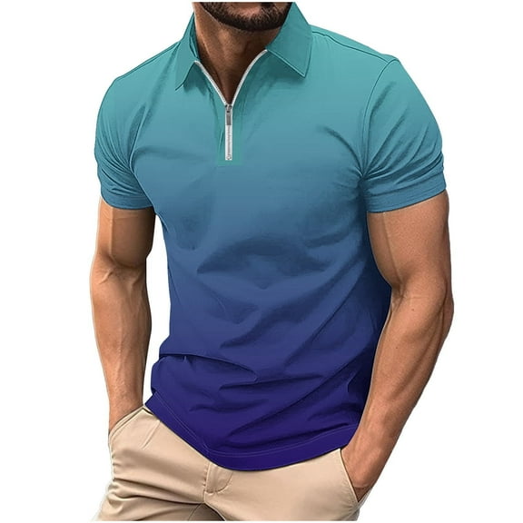 WREESH Men's Gradient Zippered T-Shirt Casual Printed Short Sleeve Henley with Turn Down Collar a Modern Top with Zipper Detail and Gradient Style Light Blue