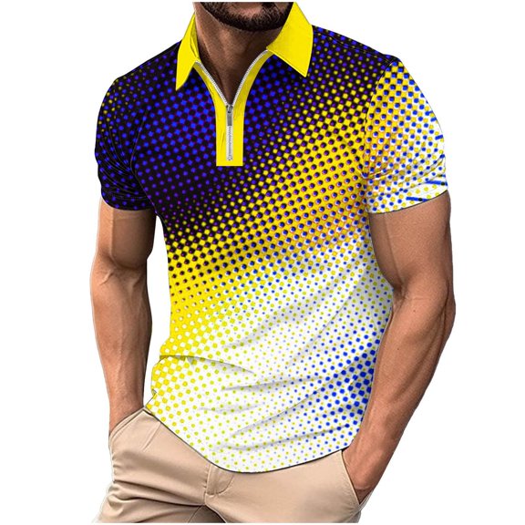 WREESH Men's Gradient Zippered T-Shirt Casual Printed Short Sleeve Henley with Turn Down Collar a Fashion-Forward Gradient Top with Zipper Yellow