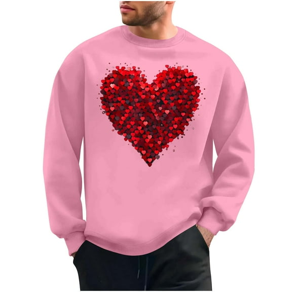 WREESH Men's Graphic Sweatshirts Valentine's Day Heart Printed Crewneck Sweatshirts Casual Pullover Tops Spring Pink