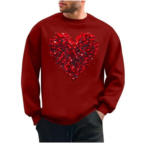 WREESH Men's Graphic Sweatshirts Valentine's Day Heart Printed Crewneck Sweatshirts Casual Pullover Tops Spring Red