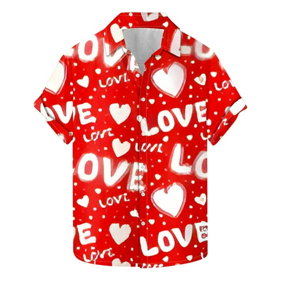 WREESH Men's Happy Valentine's Day Printed Shirt Button Up Shirts Short Sleeve Hawaiian Shirt Summer Tops Multicolor