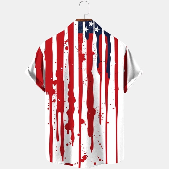 WREESH Men's Hawaiian Shirt Independence Day Print Button-Down with Lapel Short Sleeve Summer Casual White