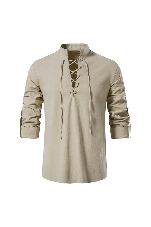 Men's Henley Shirt Cotton Linen Lace Up Pirate Shirt Casual Solid Stand Collar Pullover Tops Roll Tab 3/4 Sleeve Shirt Khaki