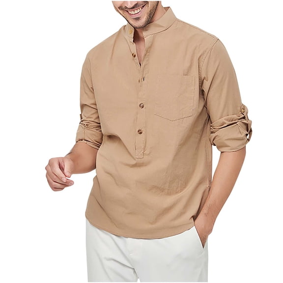 WREESH Men's Henley Shirt Solid Casual Stand Collar Button Shirts Roll Tab 3/4 Sleeve Shirt Pullover Tops Khaki