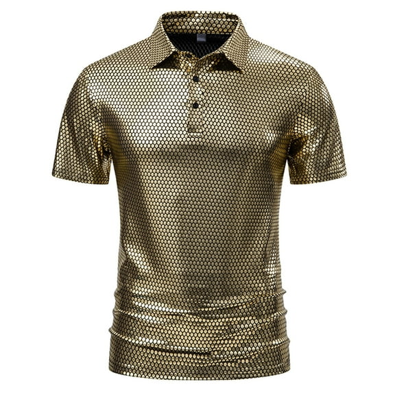 WREESH Men's Henley Shirt in Casual Patchwork Print with Stage Bright Button Turn-Down Collar, Men's Button Pullover Top for a Style Gold