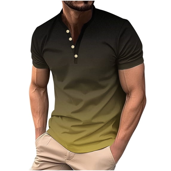 WREESH Men's Henley Shirts a Relaxed Short Sleeve Casual Shirt with Wave Gradient Print and Buttoned Placket Perfect for Warm Days Multicolor