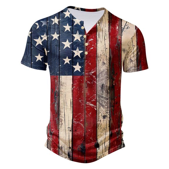 WREESH Men's Henley T-Shirt Short Sleeve Button Front 4th of July Print Summer Casual Style Multicolor