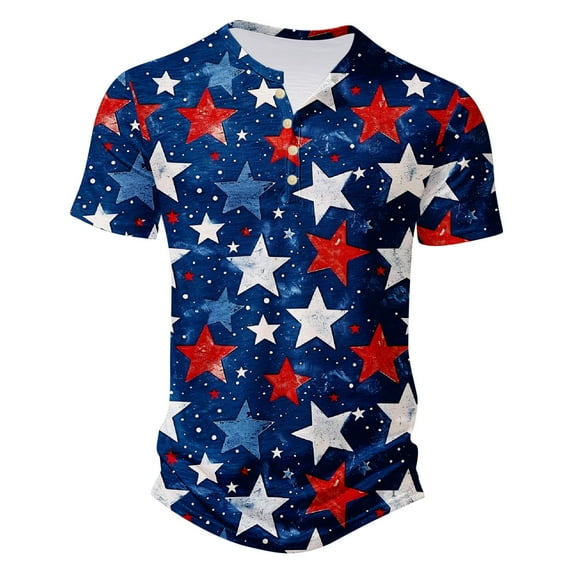 WREESH Men's Henley T-Shirt Short Sleeve Button Front 4th of July Print Summer Casual Style Multicolor