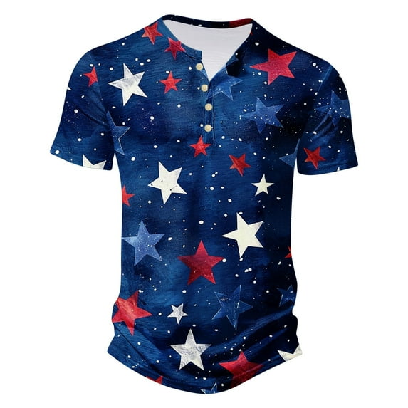 WREESH Men's Henley T-Shirt Short Sleeve Button Front 4th of July Print Summer Casual Style Multicolor