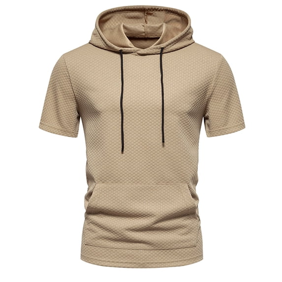 WREESH Men's Hooded Short Sleeve T-Shirt Casual Solid Fashion Pullover Workout Hoodie Khaki