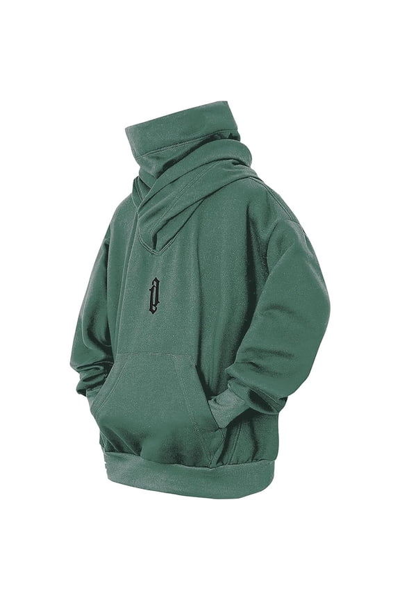 Men's Hoodies Cowl Neck Sweatshirts Casual Pullover Fall Winter Loose Fit Tops with Embroidery Green