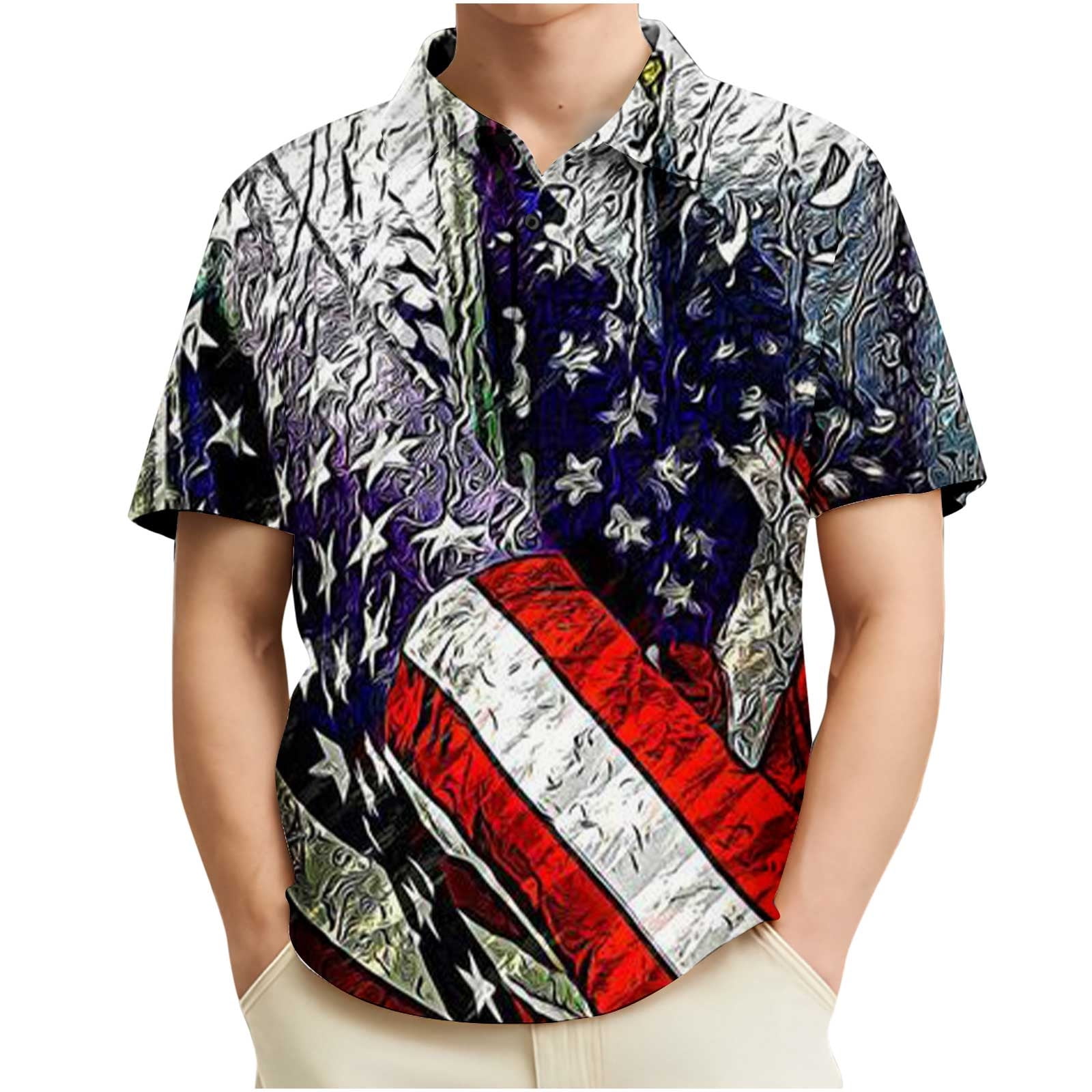 WREESH Men's Independence Day Henley Buttoned Short Sleeve Top with