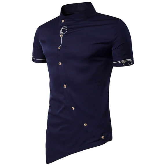 WREESH Men's Irregular Banded Collar Short Sleeve Embroidery Slim Fitting Casual Button Down Dress Shirt Muscle Shirts Navy