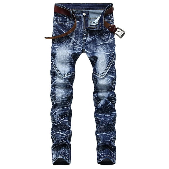 WREESH Men's Jeans Denim Pants New Fashion Have Pockets Button Zipper Personality Denim Trend Jeans Blue