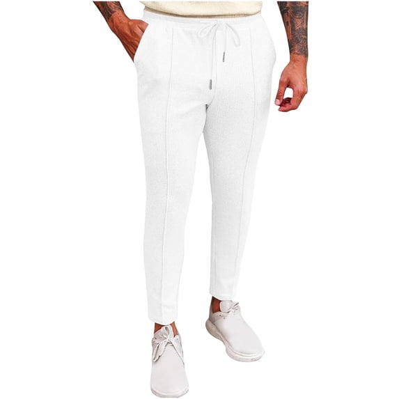 WREESH Men's Jogger Sweatpants Solid Color Sport Small Legs Lace-Up Solid Color Full Length Pants White