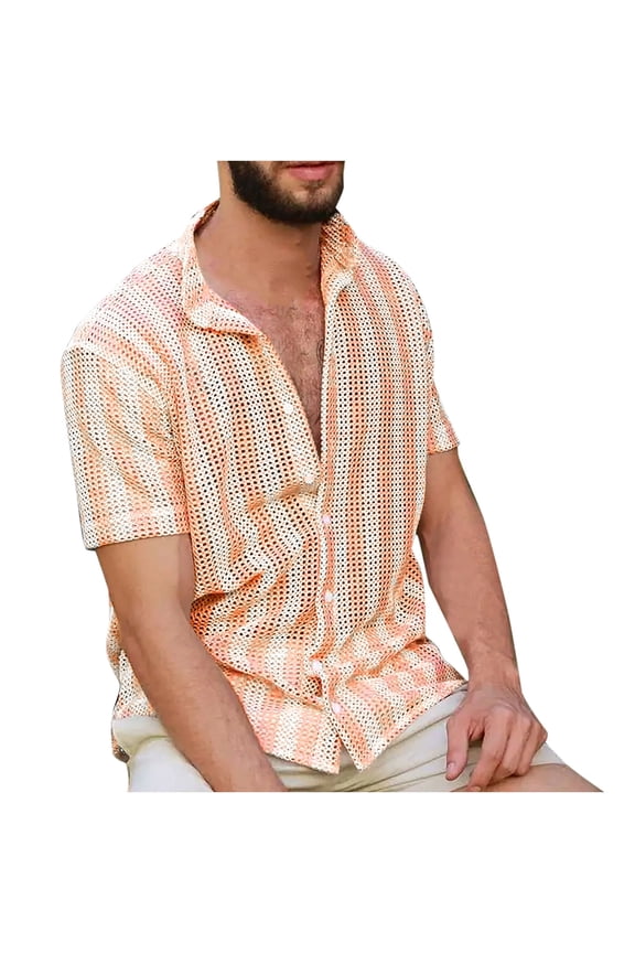 Men's Knit Crochet Button Down Shirts Loose Casual Hollow Out Short Sleeve Stand Up Collar Tops with Striped Patterns for Summer Pink