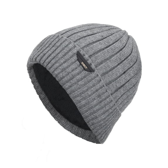 WREESH Men's Knitted Beanie Hat Fleece Thickened Wool With Large Vertical Stripe and Leather Label, Ideal for Outdoor Wear Gray