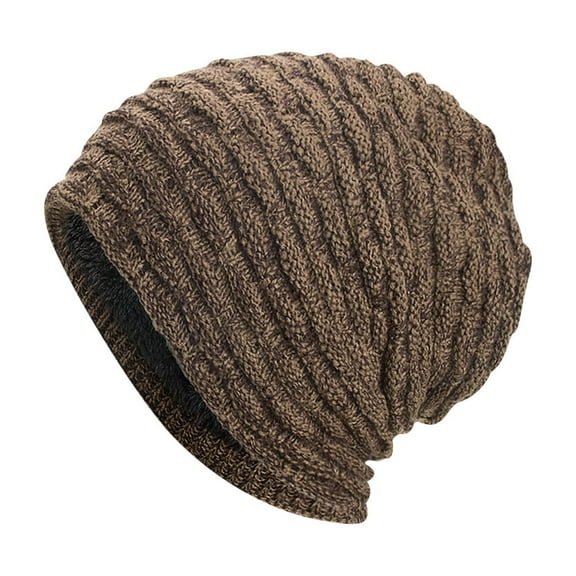 WREESH Men's Knitted Beanie Hat Fleece Thickened Wool With Large Vertical Stripe and Leather Label, Ideal for Outdoor Wear Khaki
